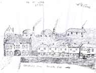 A sketch of the Harris & Pearson Building and the buildings to the east of it in 1930 by R.E. Cook - select the image for a larger view